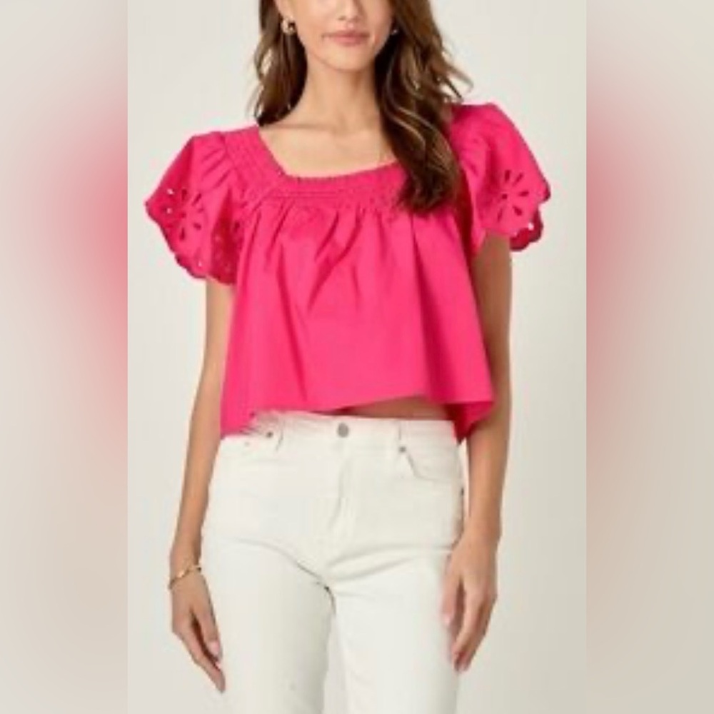 Hyacinth House - Bright Pink Eyelet Flutter-Sleeve Blouse - medium